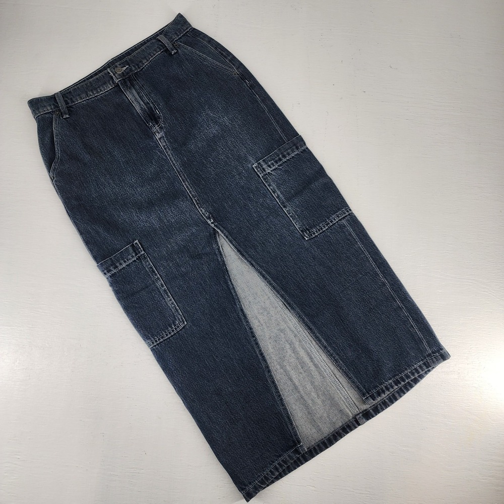Old Navy Drapey Denim Cargo Midi Skirt Blue Mid-Rise Front Slit‎ Womens 2